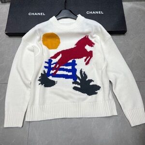 Acne White Sweater with Red Horse and Blue Fence Design